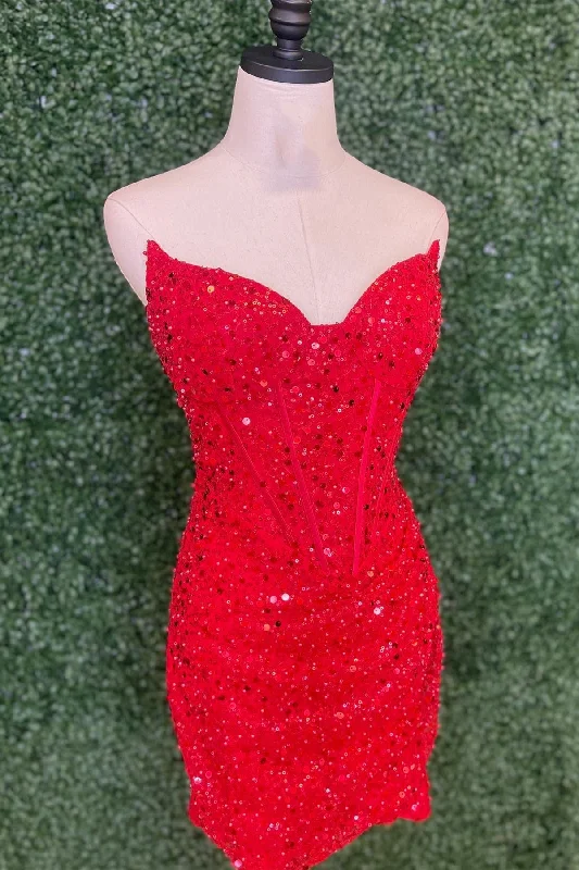 Strapless Red Sequin Tight Mini Dress Comfortable Shift Mini Dress