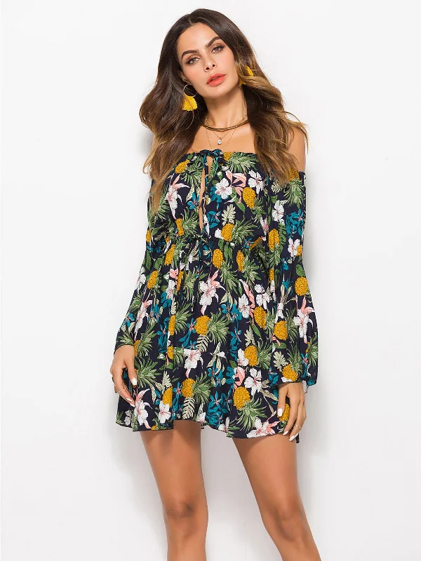 Summer Feels Pineapple Print Floral Mini Dress Cozy Cowl Neck Mini Dress