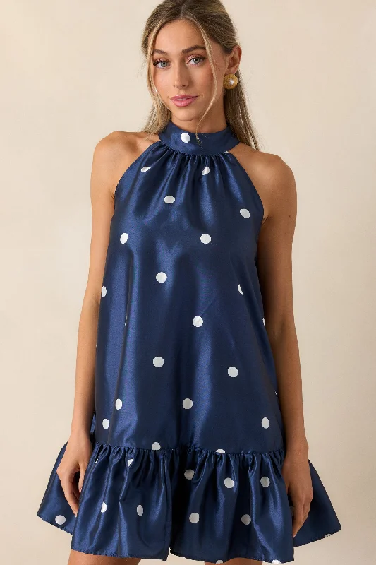 Sweet Soirée Navy Halter Polka Dot Mini Dress Fashionable Pleated Mini Dress
