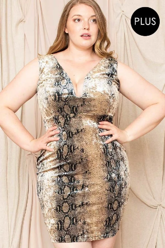 Velour Snake Print Plus Mini Dress Fashionable Pleated Mini Dress