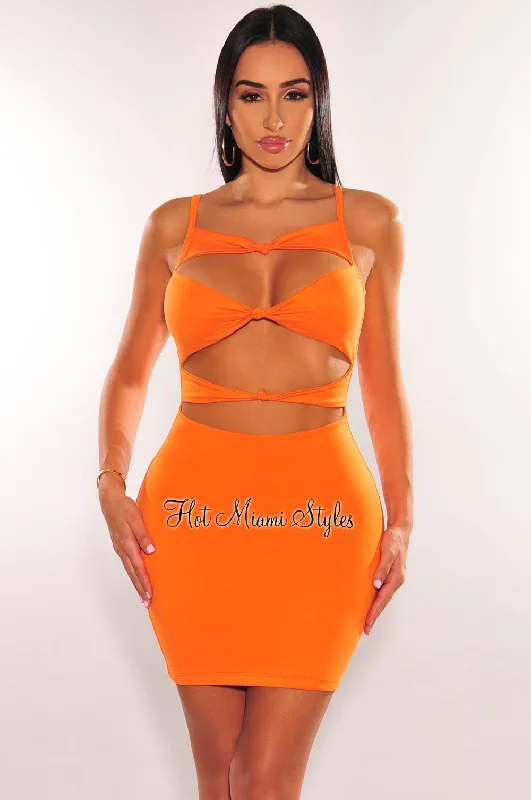 Tangerine Spaghetti Straps Knotted Cut Out Mini Dress Casual Button-Up Mini Dress