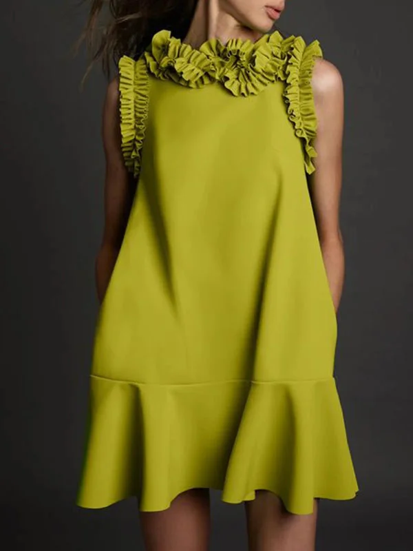 Solid Color Ruffle Trendy Sleeveless Mini Dress Trendy Button-Detail Mini Dress