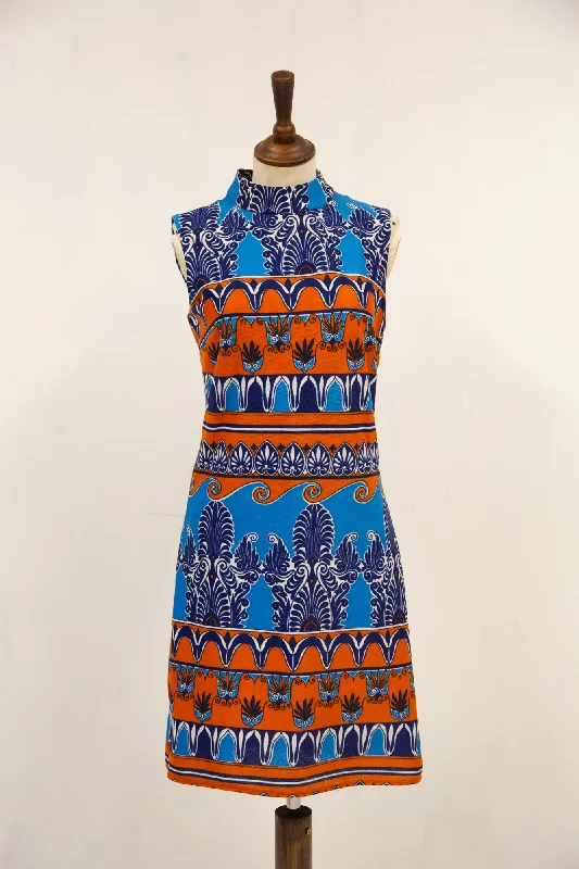 Vintage 1970s Blue Printed Mini Dress Fashionable Party Mini Dress