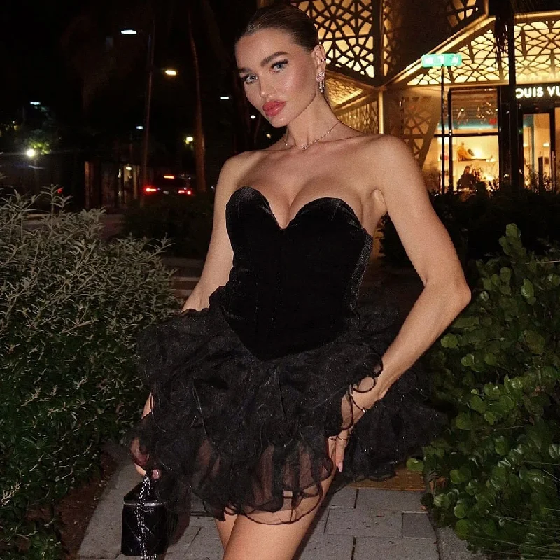 Vintage Bustier Drop Waist Velvet Hybrid Layered Ruffle Tube Mini Dress Trendy Lace Mini Dress Vintage Bustier Drop Waist Velvet Hybrid Layered Ruffle Tube Mini Dress Trendy Lace Mini Dress