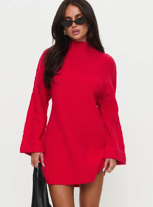 Weslie Long Sleeve Knit Mini Dress Red Casual High-Waist Mini Dress
