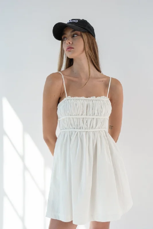 White Babydoll Mini Dress Fashionable Pleated Mini Dress