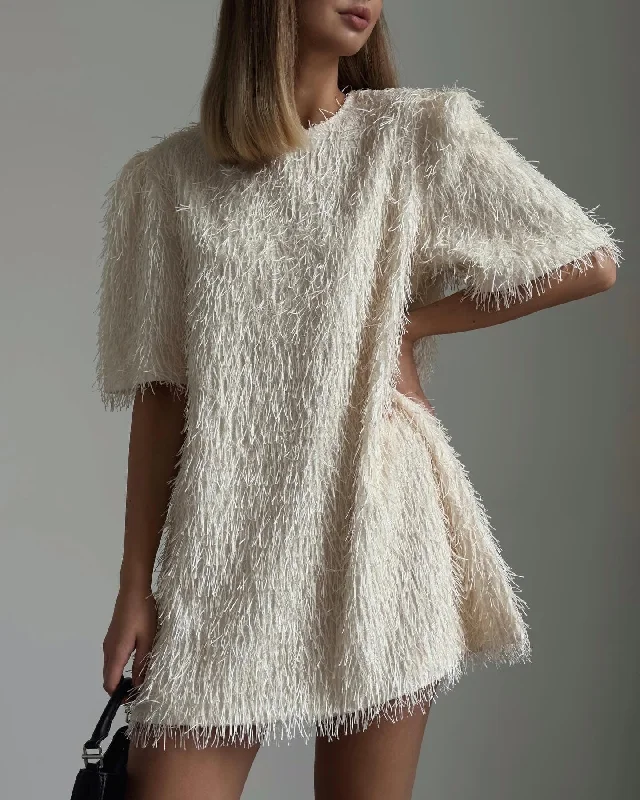 White Fringed Mini Dress Cozy Knit Mini Dress