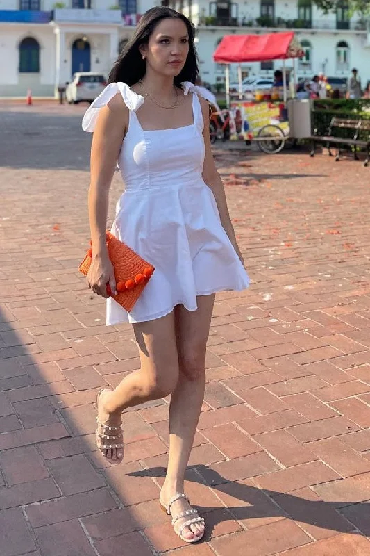 White Square Neck A-Line Mini Dress with Bow Straps Trendy Camisole Mini Dress