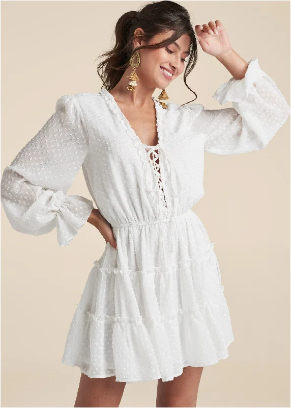 Ruffle Mini Dress - White Cozy Cowl Neck Mini Dress