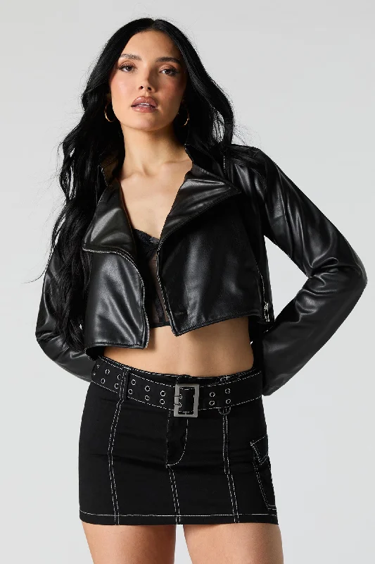 Cropped Faux Leather Jacket Boat Neck Shawl Collar Notched Collar