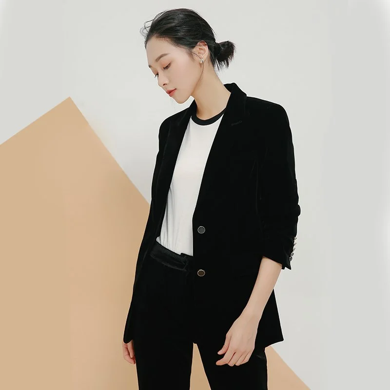 2XL 3XL Velvet Blazer Coat Slim Woman Suit Blazer Two Bottons Suit Jacket Women Midi Length Women Blazers And Jackets Plus Size Collared Jacket Crew Neck Jacket Turtle Neck Jacket