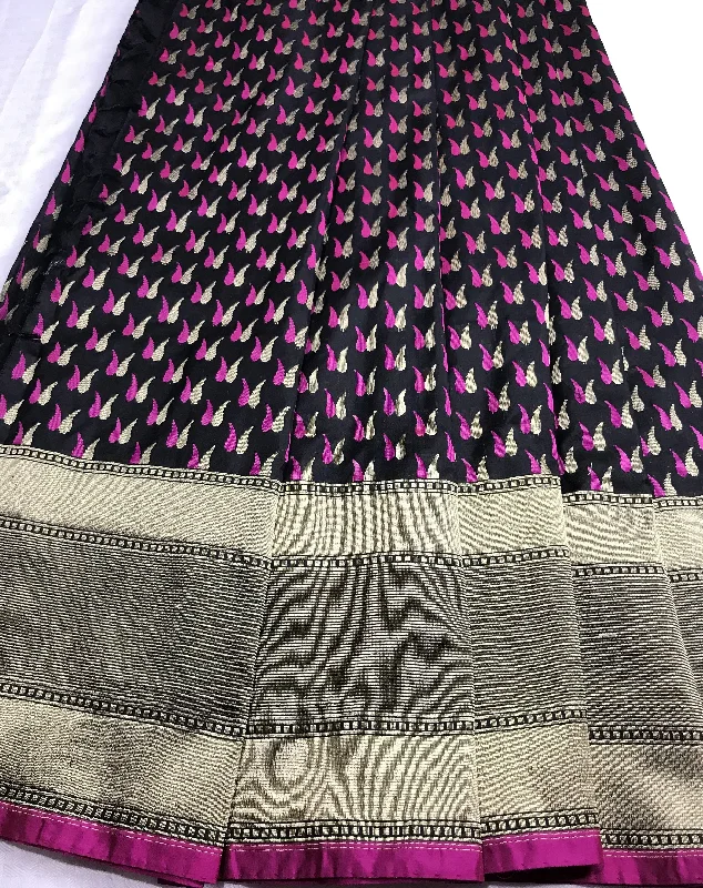 Black and Pink Banaras Silk Saree with Stitched Blouse High Neck Blouse