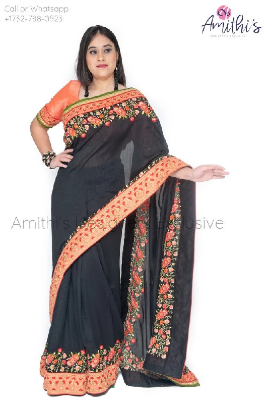 Black Georgette Saree With Peach Color Blouse & Border Short Sleeve Blouse