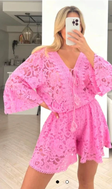 PINK LACE BLOUSE SHORT COORD SET Lightweight Tunic Blouse