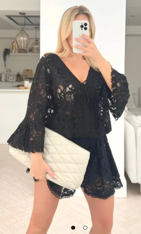 BLACK LACE BLOUSE SHORT COORD SET Delicate Pleat Blouse