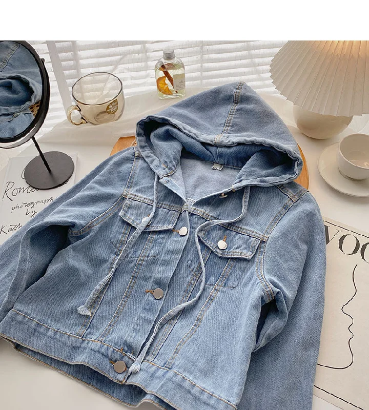 Denim Hooded Jacket Women's loose long sleeved top  6214 Zippered Front Buttoned Front Snap Front