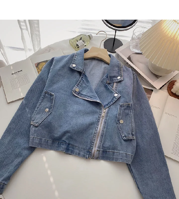 Denim jacket casual zipper design long sleeve top  6216 Boat Neck Shawl Collar Notched Collar