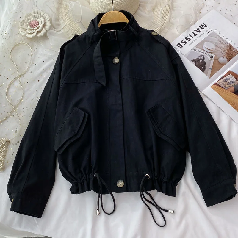 Drawstring long sleeve short coat women's Casual Jacket Top  1688 V-Neck Jacket Boat Neck Jacket Square Neck Jacket