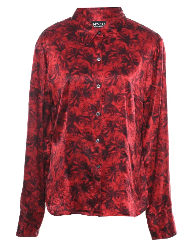 Floral Silk Red & Black Blouse - XL Slim Fit Blouse