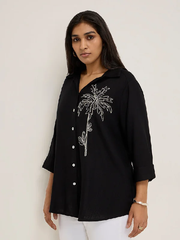 Gia Black Leaf Embroidered Blouse Airy Cotton Blouse