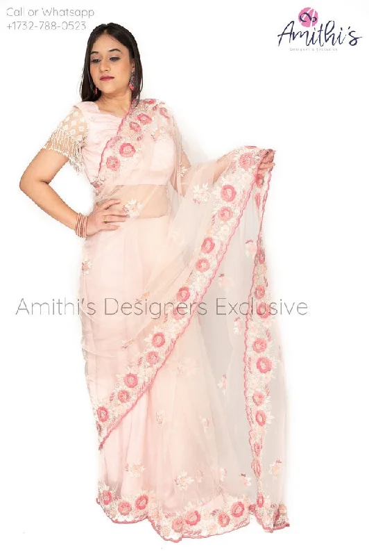 Blush Pink Floral Embroidery Work Saree With Stitched Blouse Elegant Semi-Sheer Blouse