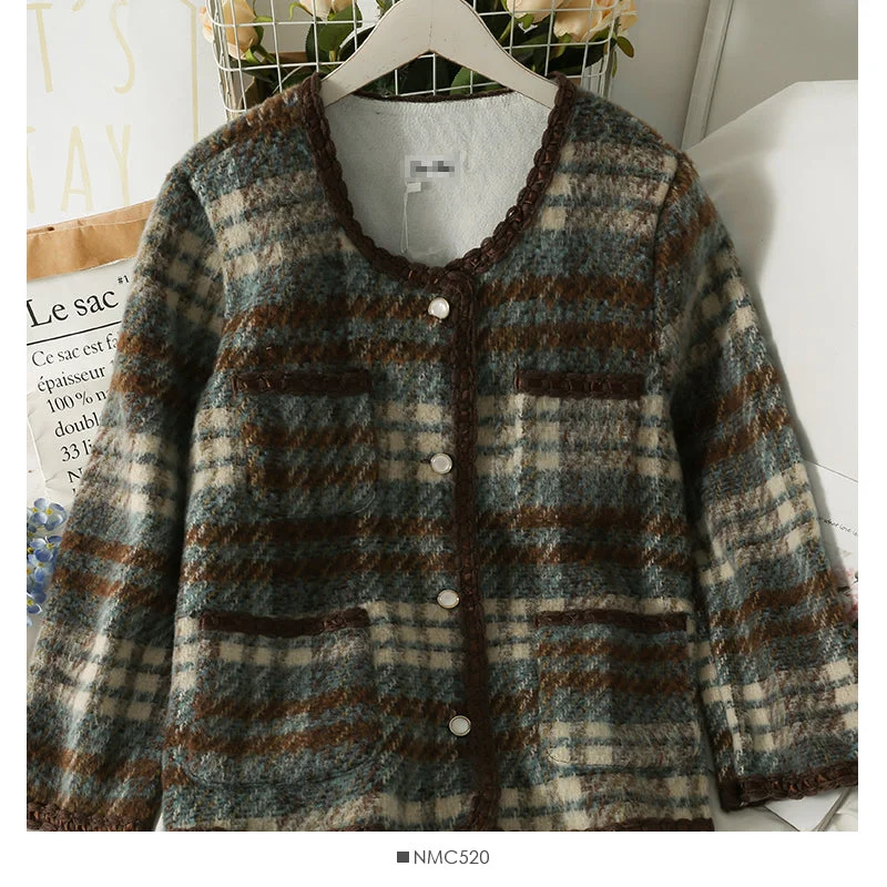 Hong Kong Style Vintage Plaid single breasted cardigan woolen jacket female  2124 Denim Fabric Leather Fabric Suede Fabric