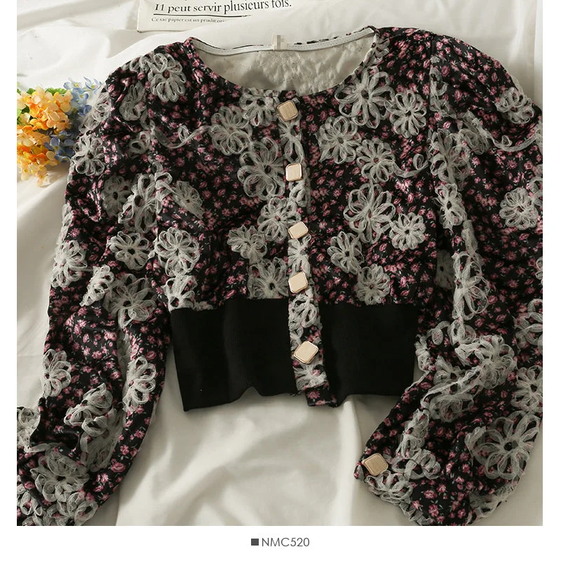 Hong Kong Vintage printed round neck single breasted cardigan top women's jacket  2115 Print Jacket Jacquard Jacket Embroidered Jacket