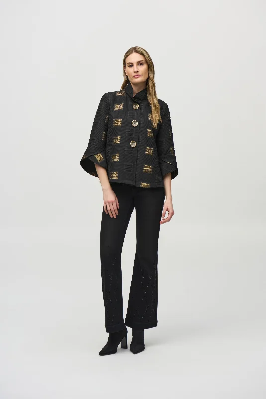 Joseph Ribkoff Geometric Lurex Jacquard Trapeze Jacket Zippered Front Buttoned Front Snap Front