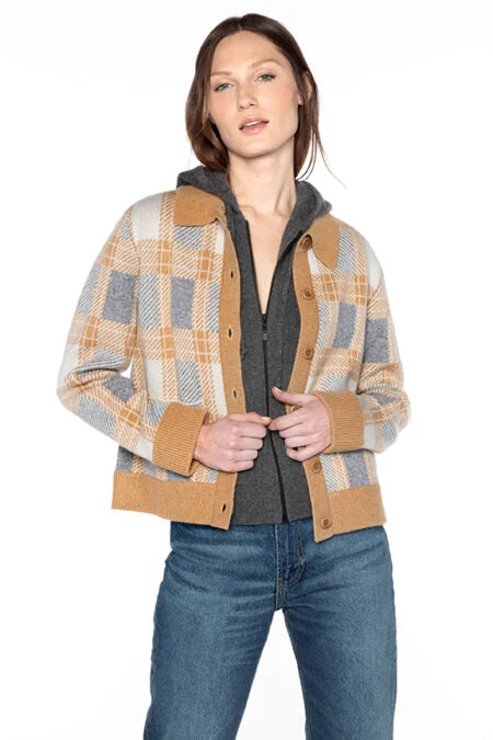 Kinross Cashmere Short Plaid Shacket Drape Neck Blouse