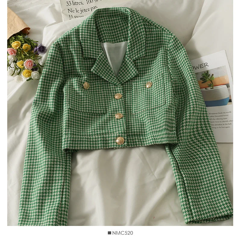 Korean retro thousand bird grid short single breasted jacket female  2099 Tiered Jacket Buttoned Jacket Zippered Jacket