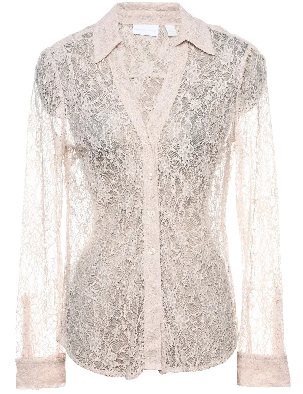 Lace Beige Evening Blouse - M Feminine Satin Blouse