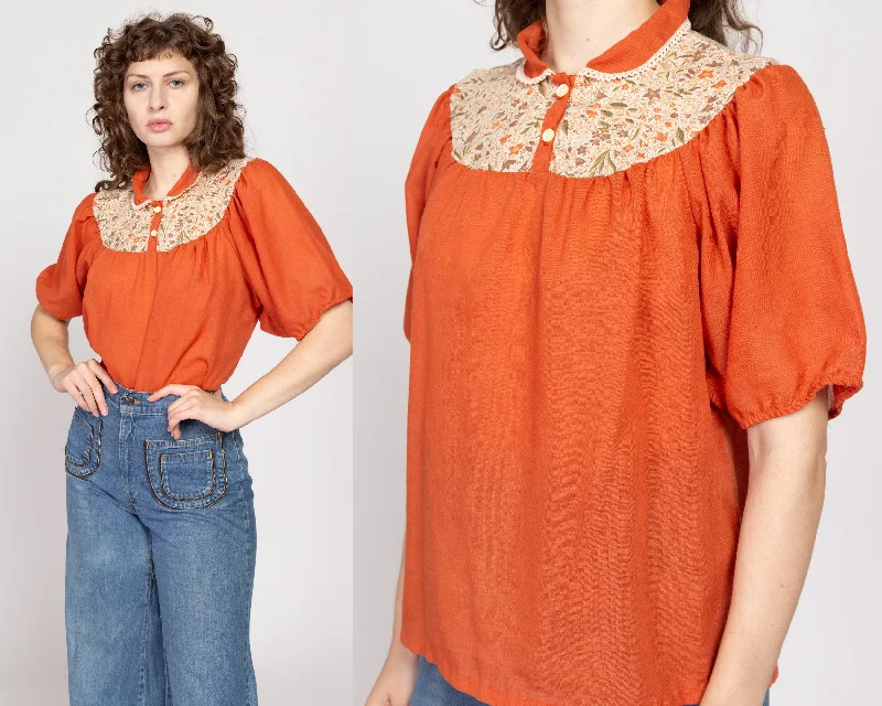 Large 70s Burnt Orange Gauzy Puff Sleeve Peasant Blouse Chic Sleeveless Blouse