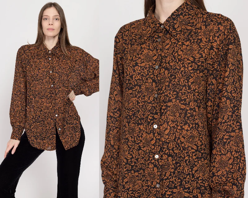 Large 80s Baroque Black & Orange Floral Blouse Delicate Bow Blouse