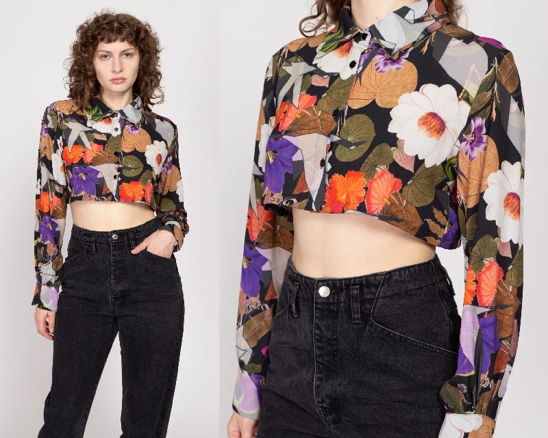 Large 90s Black Floral Cropped Blouse Lightweight Tunic Blouse