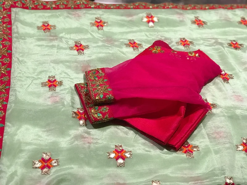 Light green Chinon silk embroidery saree with pink work blouse Sweetheart Neck Blouse