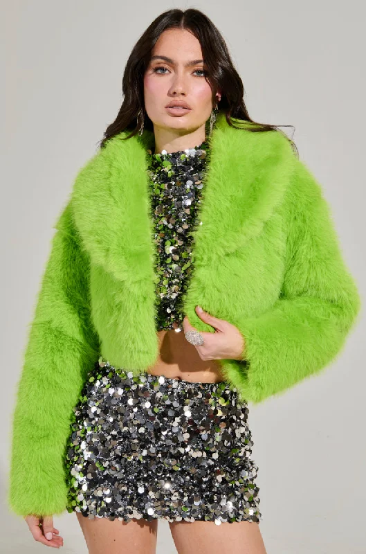 LIGHTS OUT CROPPED FAUX FUR JACKET IN LIME Nylon Fabric Polyester Fabric Spandex Fabric