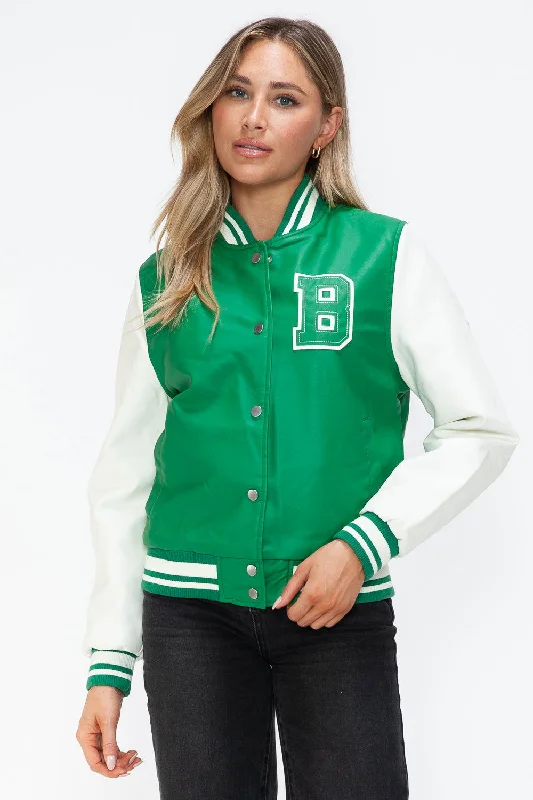 Love Me Now PU Leather Contrast Snap Down Bomber Jacket In Green Anorak Shell Jacket Lightweight Jacket