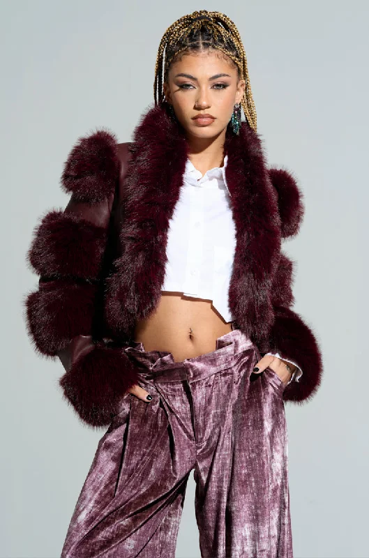 LOVERBOY FAUX FUR MOTO JACKET IN BURGUNDY Notch Collar Peter Pan Collar Cowl Neck