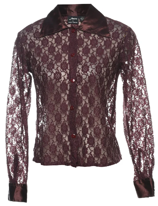 Maroon Classic Floral Lace Sheer Blouse - S Floral Print Blouse