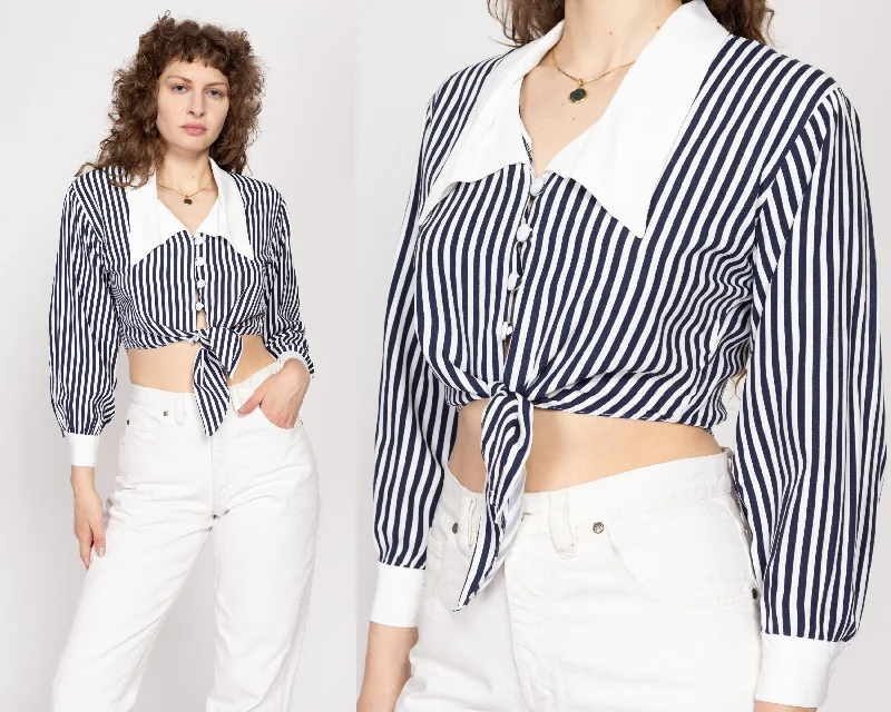 Medium 80s Blue & White Striped Cropped Chelsea Collar Blouse Everyday Stylish Blouse