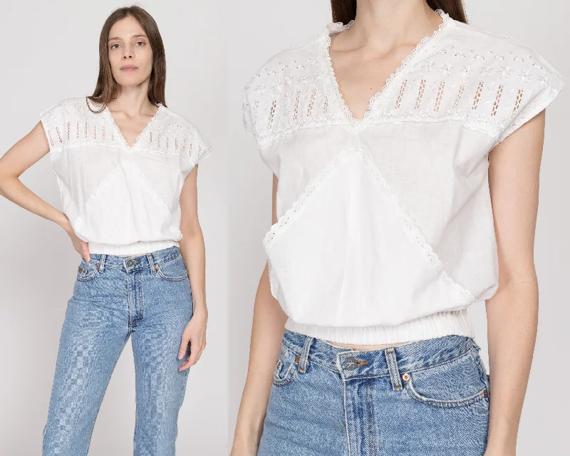 Medium 90s Boho White Eyelet Cropped Blouse Chic Square Blouse