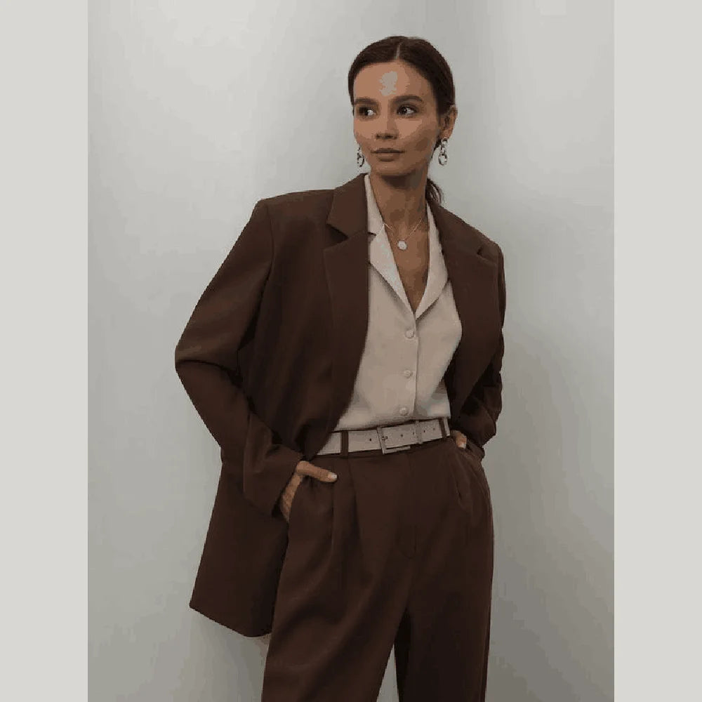 New High-end Brown Women Suit Two Pieces(Jacket+Pants) Lapel Outfits Chic Casual Party Prom Wedding Set Embroidered Jacket Appliqued Jacket Beaded Jacket