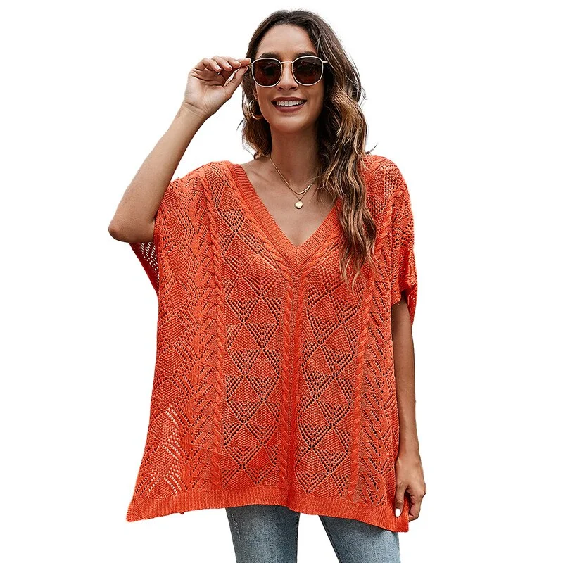 New Summer Openwork Batwing Sleeve Sweater Pullover Loose Knitted Blouse Solid Color V-neck Hollow Out Short Sleeve Shawl Backless Summer Blouse