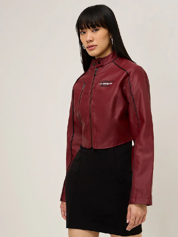 Nuon Burgundy Text Embossed Faux-Leather Jacket Denim Jacket Leather Jacket Suede Jacket