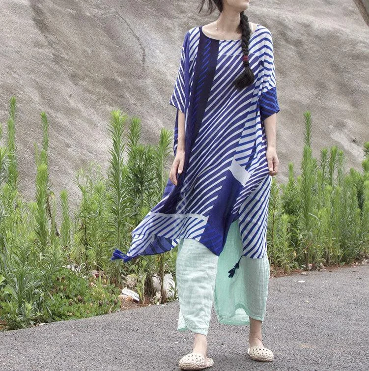 Oversized White and Blue Striped Blouse | Lotus Double Button Blouse