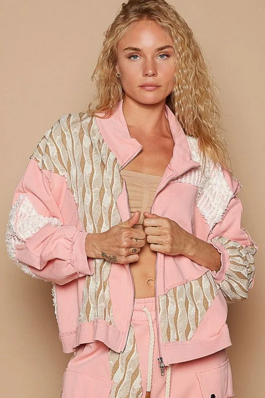 POL Applique Patchwork Zip Up Jacket In Pink Faux Fur Fabric Real Fur Fabric Shearling Fabric