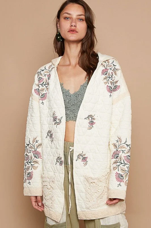 POL Embroidered Open Front Quilted Jacket with Crochet Pockets - Cream Wool Fabric Cashmere Fabric Tweed Fabric