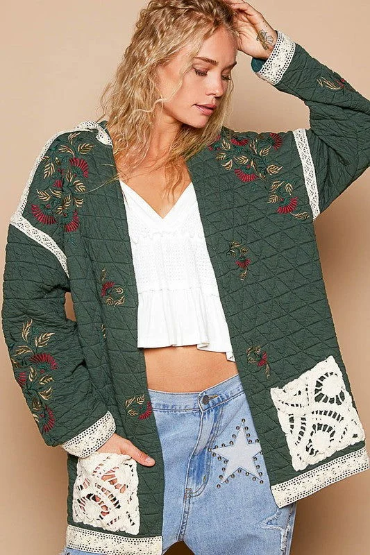 POL Embroidered Open Front Quilted Jacket with Crochet Pockets - Dark Green Chenille Jacket Brocade Jacket Lace Jacket