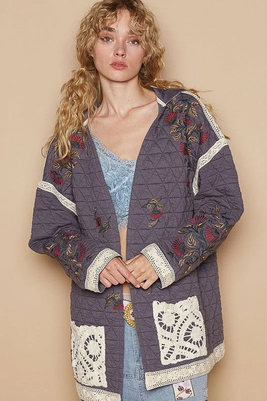 POL Embroidered Open Front Quilted Jacket with Crochet Pockets Print Jacket Jacquard Jacket Patchwork Jacket