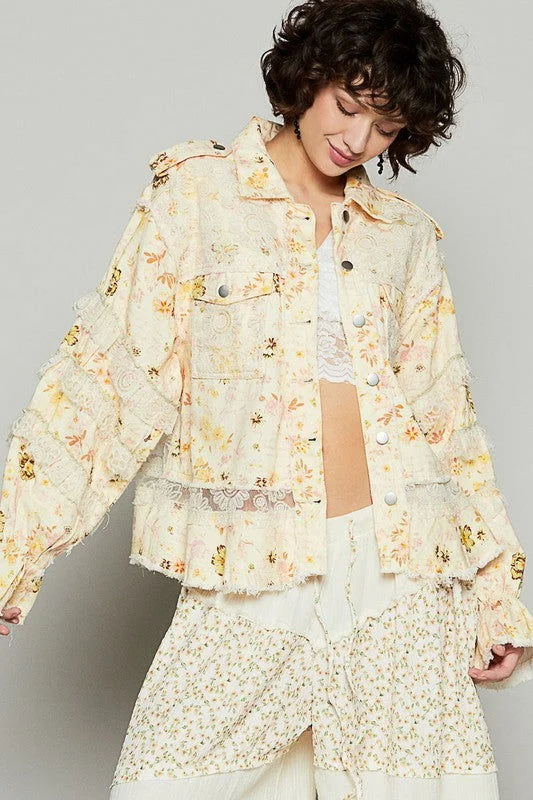 POL Raw Hem Lace Patch Flounce Sleeve Jacket - Yellow Lace Jacket Ribbed Jacket Sequined Jacket